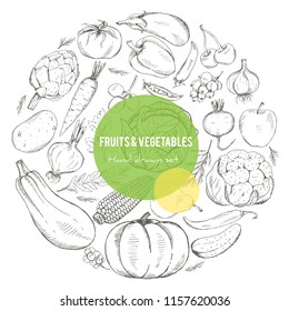 Vector set of fruits and vegetables. Hand drawing. Autumn harvest. Healthy food.