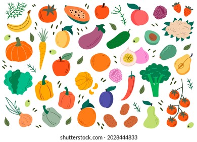 Vector set of fruits and vegetables. Healthy food