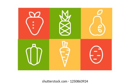 Vector set of fruits and vegetables in linear style in colorful squares. Organic and healthy food. Natural products