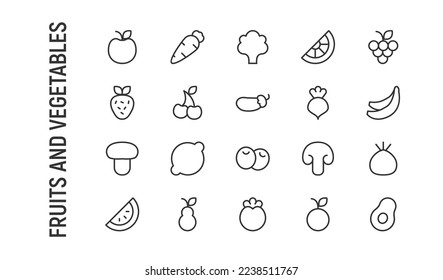 Vector set of fruits and vegetables thin line icons. Design of 20 stroke pictograms. Signs of fruits and vegetables isolated on a white background.