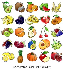 Vector set of fruits in watercolor style with black contour