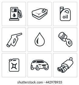 Vector Set of Fuel Icons. Petrol station, gasoline tank, Machine oil, filling pistol, piston engine, canister, car, exhaust pipe. Isolated symbols 