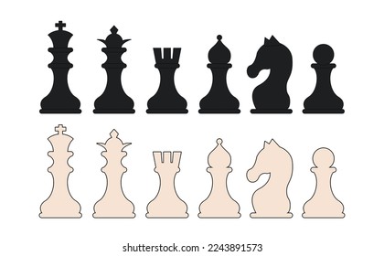 vector set of a full set of chess pieces on a white background. All standard chess pieces include the king, queen, bishops, knights, rooks, and pawns. Perfect for use in a variety of design projects. svg