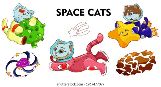 Vector set of full color cute astronaut cat with star planet  space stone and lettering. Isolated on white