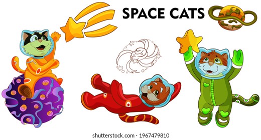 Vector set of full color cute astronaut cat with star planet and lettering. Isolated on white