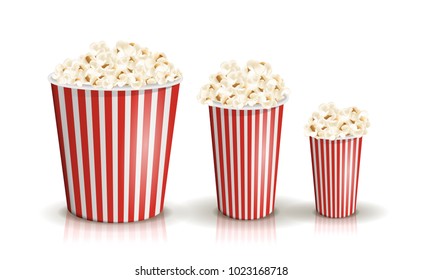 Vector set of full red-and-white striped popcorn buckets in different sizes. Realistic illustration. Big, middle, small portions of popcorn. Cardboard or paper buckets. Cinema snack or movie food.