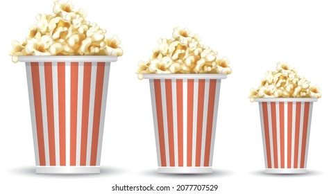 Vector set of full red-and-white striped popcorn buckets in different sizes. Realistic illustration. Big, middle, small portions of popcorn. Cardboard or paper buckets. Cinema snack or movie food.
