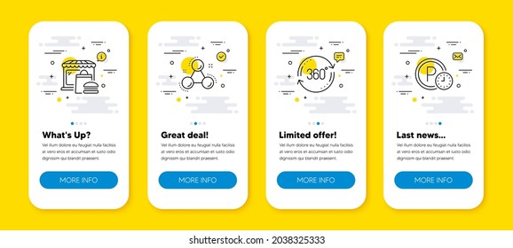 Vector set of Full rotation, Food market and Chemistry molecule line icons set. UI phone app screens with line icons. Parking time icon. 360 degree, Burger restaurant, Laboratory atom. Vector