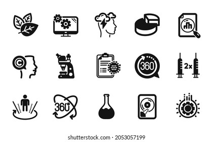 Vector set of Full rotation, Pie chart and Analytics graph icons simple set. Coronavirus vaccine, Chemistry lab and Gear icons. Augmented reality, Mindfulness stress and Writer signs. Vector