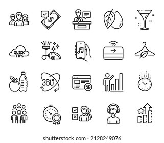 Vector set of Full rotation, Teamwork and Music app line icons set. Group people, Quick tips and Accepted payment icons. Consultant, Time and Opinion signs. Full rotation web symbol. Vector