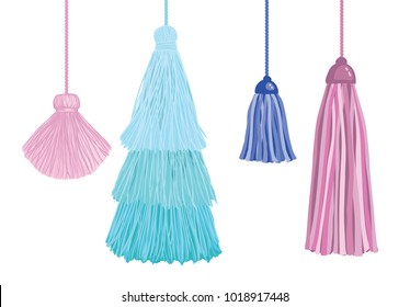 Vector Set Of Fun Decorative Tassels Hanging From Strings. Great for handmade cards, invitations, wallpaper, packaging, nursery designs.