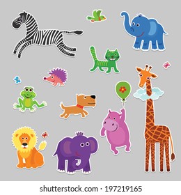 Vector set of fun, different, stylized animals. stickers