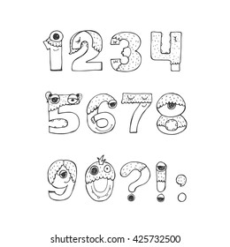 Vector set of fun funky monster digits from 1 to 0 with punctuation marks, hand drawn, black and white, isolated on white. Good for lettering or font design, headers, t-shirts, kids illustration. 