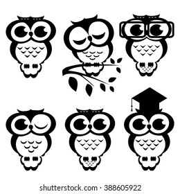Vector set fun scientist owls sitting on a branch isolated on white background. Cover cartoon illustration