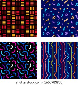 Vector set of fun seamless pattern with geometric simple element on dark color background. Flat style design of decorative pattern for web, site, banner, print, textile, wrapping paper