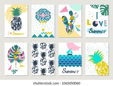 Conjunto vetorial de cartões de verão divertidos. Eu adoro verão, texto escrito à mão.