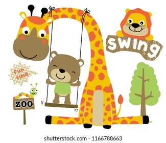 Vector set of funny animals cartoon playing swing. Giraffe, bear, lion and little caterpillar
