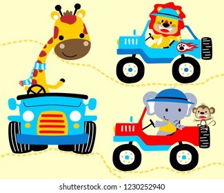Conjunto de vectores de animales divertidos en camiones