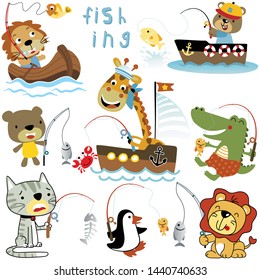 Vector set of funny animals cartoon in fishing activity