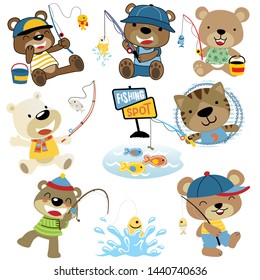 Vector set of funny animals cartoon in fishing activity