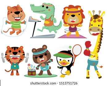 Vector set of funny animals cartoon in different sport activity