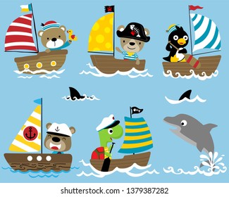 Vector set of funny animals sailor cartoon on sailboat with a dolphin and shark fin in ocean