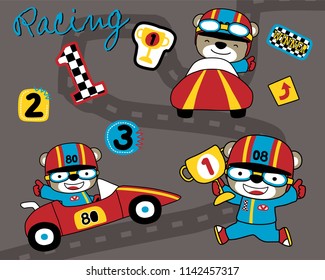 Vector set of funny bear cartoon in car racer costume, car racing elements