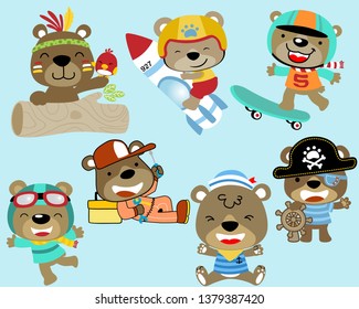 Vector set of funny bear cartoon in different costume and activity