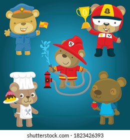 Vector set of funny bear cartoon with different profession costume