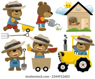 Vector set of funny bear cartoon in activities