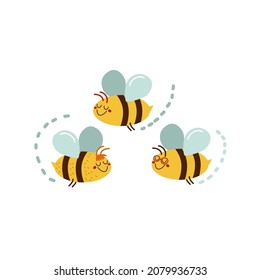 Vector set of funny bees. Happy bee is flying. Cute cartoon smiling characters. Hand drawn illustration for kids, isolated on white. Flat design, idea for print on baby clothes, cards, etc.  