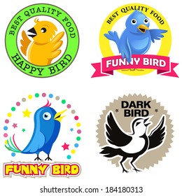 Vector set of funny bird sticker labels. Four round circles for design of bird emblems.