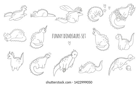 Vector set of funny black and white dinosaurs in different poses. Comic dino concept in cartoon style. Doodle line drawing of sarcastic reptiles
