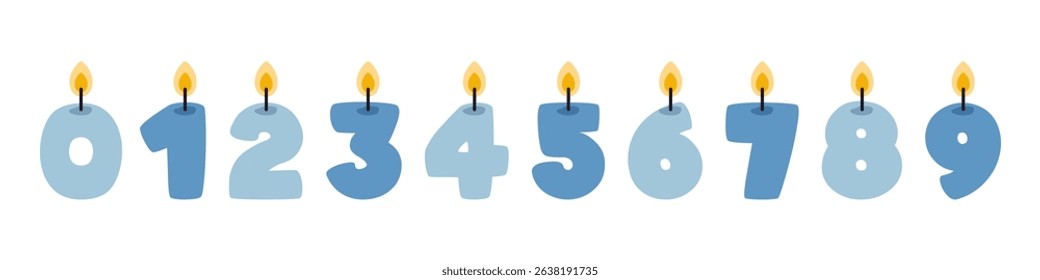 Vector set of funny blue numbers candles. Cute candles shaped like numbers. Collection of burning birthday cake candles. Age year candles for baby boy.