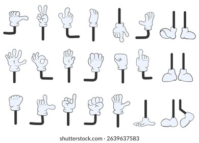 Vector set with funny body part movement like cute boot wave approval art isolated communication expression thumb glove vintage character feet hand white touch emotion victory ok
