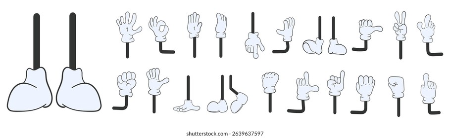 Vector set with funny body part movement like cute boot wave approval art isolated communication expression thumb glove vintage character feet hand white touch emotion victory ok
