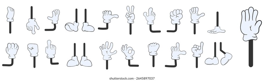 Vector set with funny body part movement like cute boot wave approval art isolated communication expression thumb glove vintage character feet hand white touch emotion victory ok