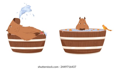 Vector set of funny capybaras. Cartoon capybara character design for mascot, sticker, print. Cute relaxed capybaras swimming in water with oranges and strawberries. South American adorable animals.
