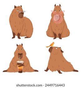 Vektorgrafik mit witzigen Capybaras. Cartoon Capybara Charakter Design für Maskottchen, Aufkleber, Druck. Nette Capybara mit Bubble Tea, sitzende Capybara mit einem Vogel, Capybara mit Sonnenbrille.