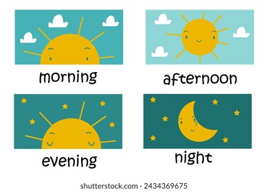 Vector set of funny cards with times of day for kids