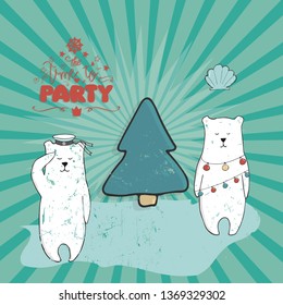 Vector set of funny cartoon bears and tree, isolated background. Hand-drawn illustration and lettering for party, greeting card