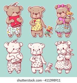 Vector set of  funny cartoon bears, isolated from a background. Monochrome and color version. Hand-drawn illustration.
