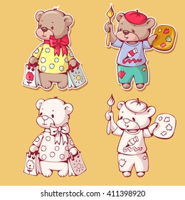 Vector set of  funny cartoon bears, isolated from a background. Monochrome and color version. Hand-drawn illustration.