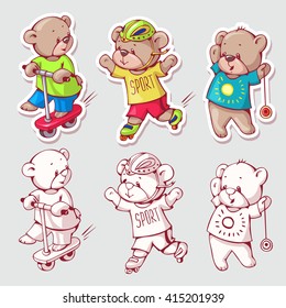 Vector set of  funny cartoon bears, isolated from a background. Monochrome and color version. Hand-drawn illustration.