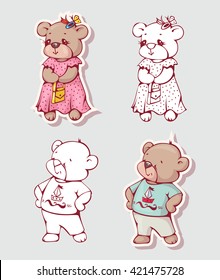 Vector set of  funny cartoon bears, isolated from a background. Monochrome and color version. Hand-drawn illustration.