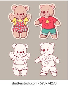 Vector set of  funny cartoon bears, isolated from a background. Monochrome and color version. Hand-drawn illustration.