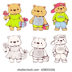 Vector set of  funny cartoon bears, isolated from a background. Monochrome and color version. Hand-drawn illustration.