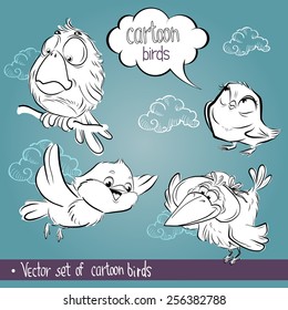 Vector set of funny cartoon birds.Hand drawn illustration.