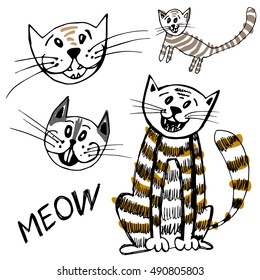 Vector set of funny cartoon cat heads. Cartoon cats Collection. Cute happy cats with meow calligraphy in black and white.