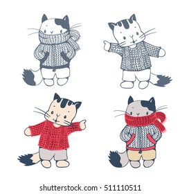 Vector set of  funny cartoon cats in knitted clothes, isolated from a background. Monochrome and color version. Hand-drawn illustration.